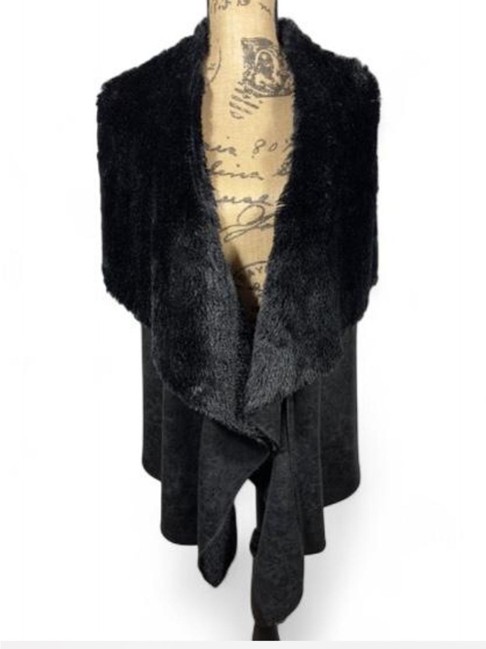Westbound Black Faux-Fur Faux-Suede Waterfall Draped Vest Open Front XL